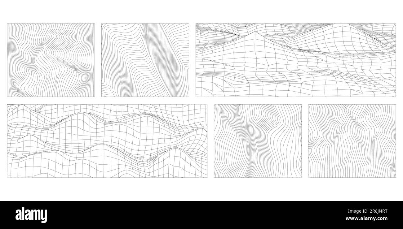 Linee ondulate vettoriali astratte su sfondo bianco. Set di onde dinamiche geometriche. 3D tecnologia wireframe, astratto paesaggio montano. Filo distorto Illustrazione Vettoriale