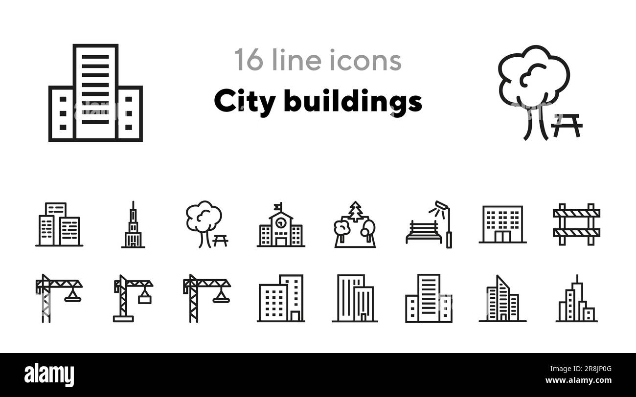 Set di icone delle linee degli edifici della città Illustrazione Vettoriale