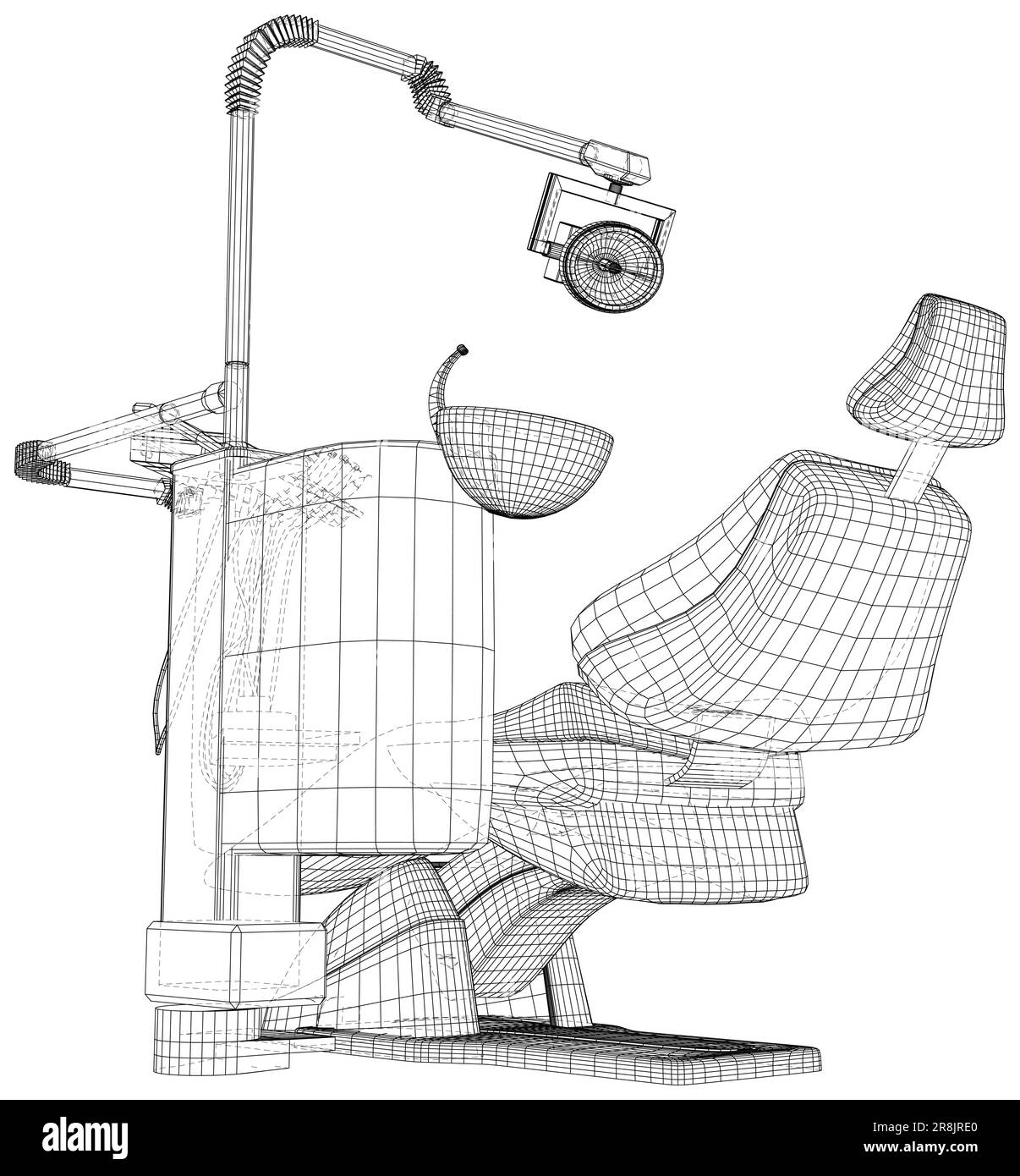 Sedia dentale su sfondo bianco. Apparecchiature dentistiche con telaio per cavi Illustrazione Vettoriale