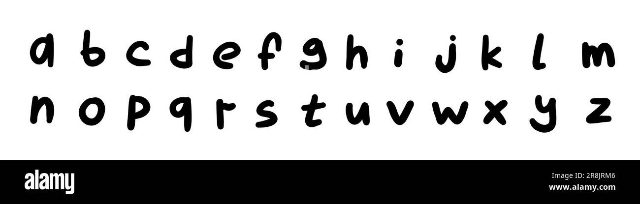 Caratteri divertenti caratteri neri alfabetici alfabetici alfabetici latini inglesi Abc da A a Z. illustrazione vettoriale in stile doodle disegnato a mano isolato su sfondo bianco. Per l'apprendimento Illustrazione Vettoriale