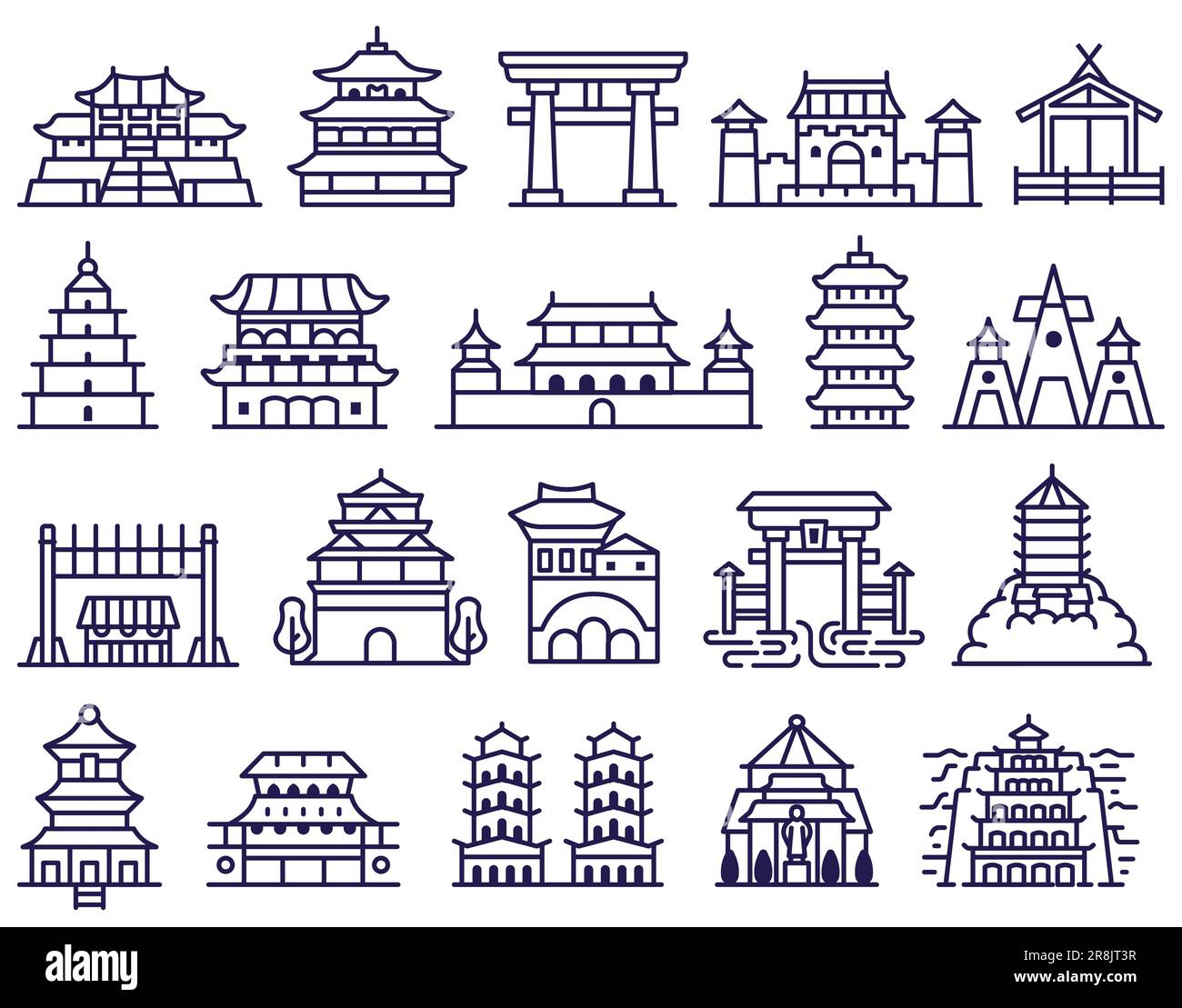Palazzi asiatici tradizionali e icone della linea dei Templi Illustrazione Vettoriale