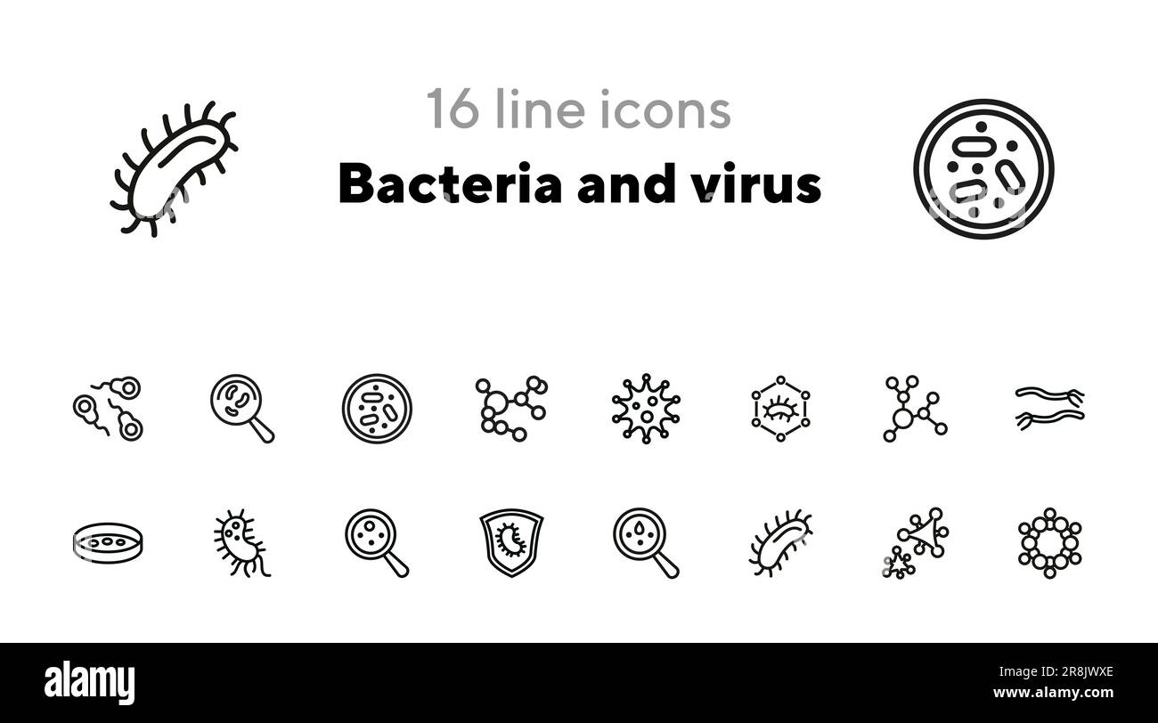 Set di icone per la linea dei batteri e dei virus Illustrazione Vettoriale