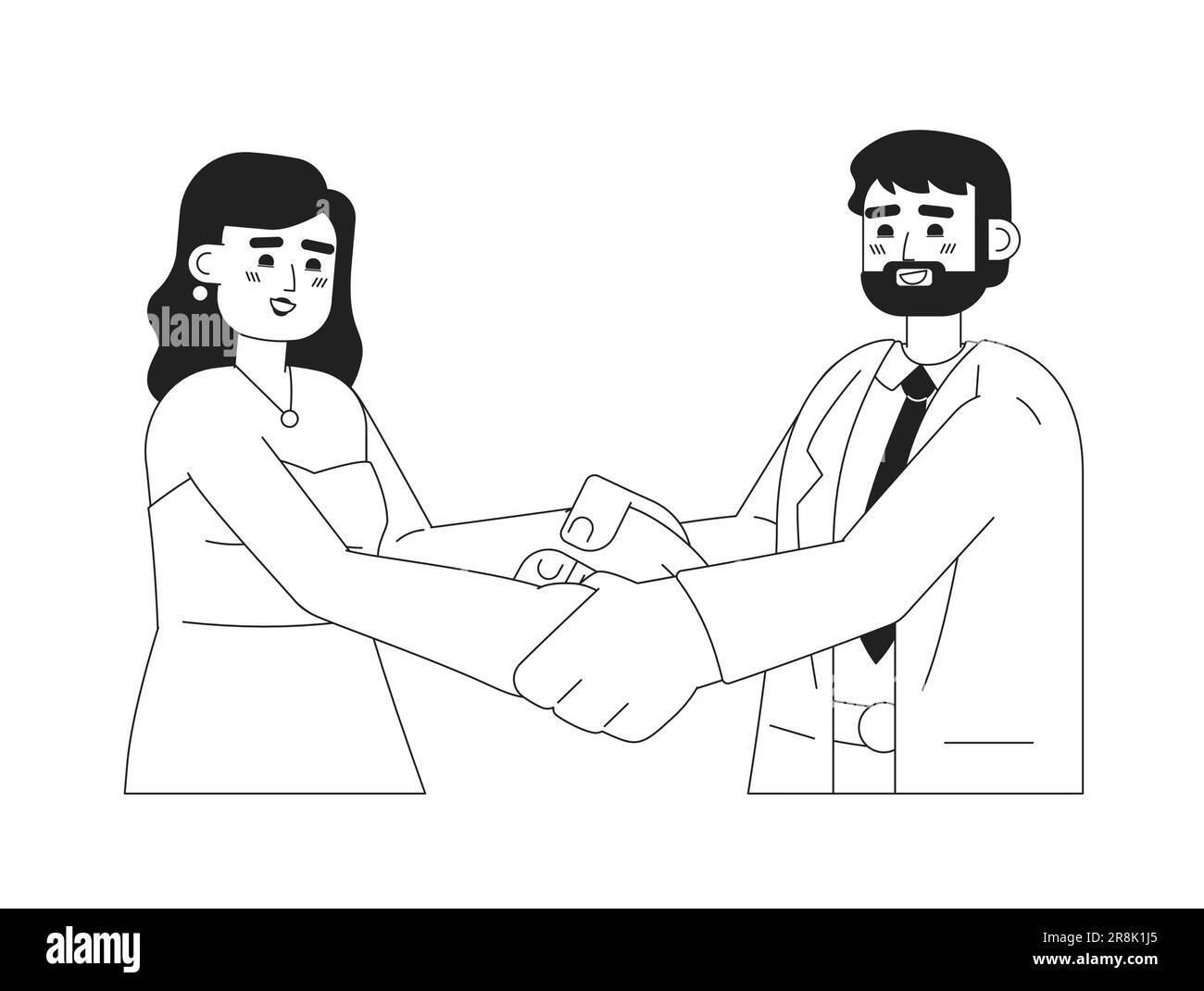 Coppia di nozze europee con mani monocromatiche e caratteri vettoriali piatti Illustrazione Vettoriale