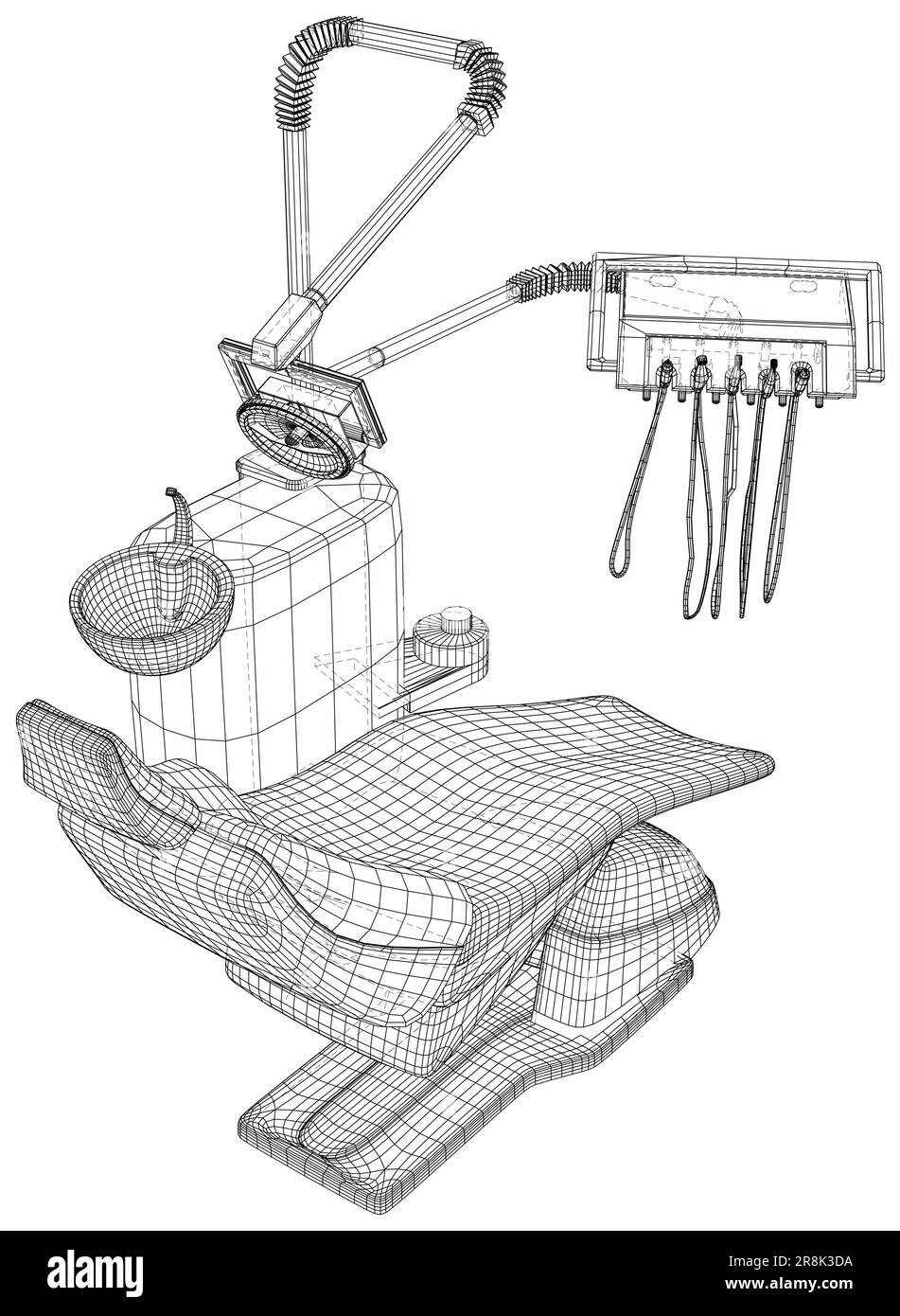 Moderna sedia dentale. Struttura del telaio del filo disegno dell'apparecchiatura del medecine. Vettore creato da 3D Illustrazione Vettoriale