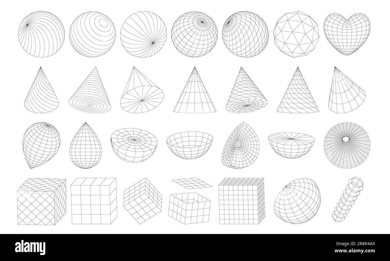Un insieme di forme geometriche del telaio. Griglia di superficie e sfera sfera, cubi, coni, emisferi, cuore. Griglie futuristiche retrò, oggetti mesh 3D. VEC isolato Illustrazione Vettoriale