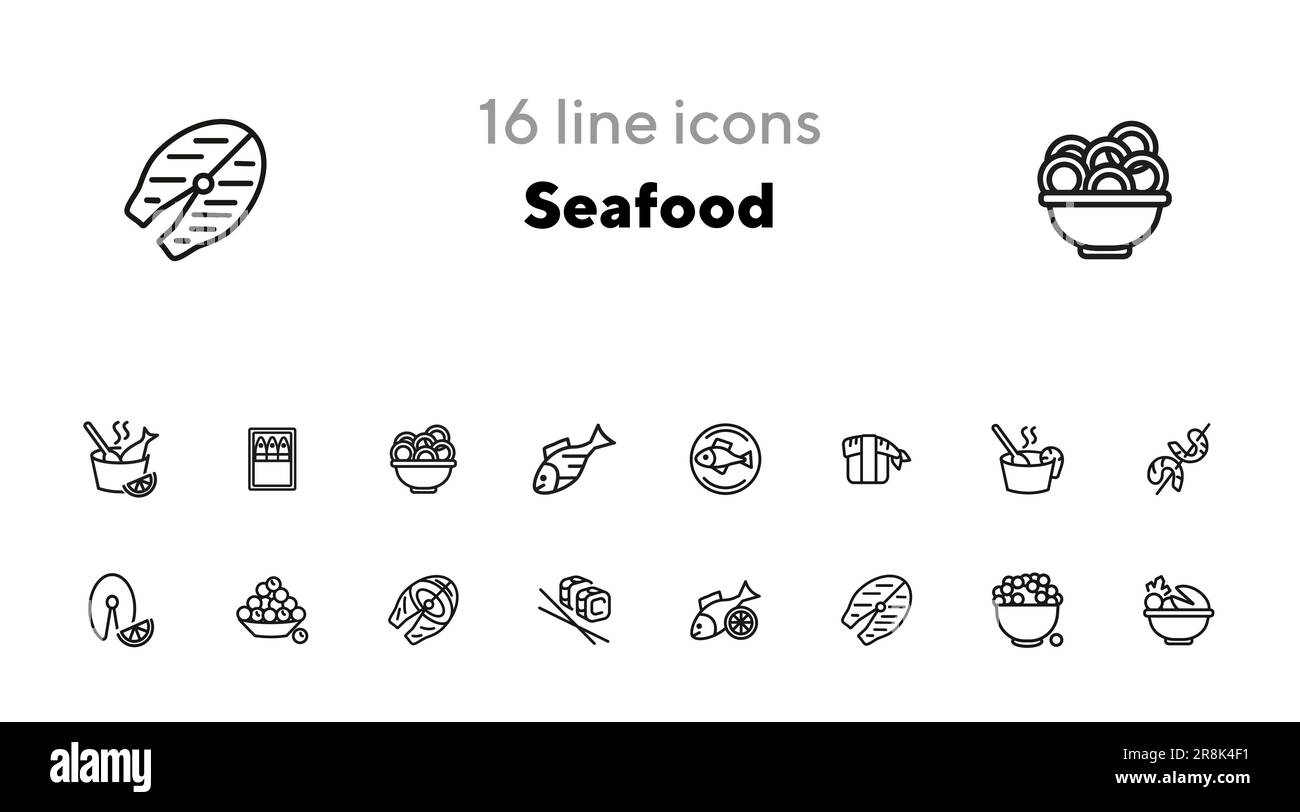 Set icone linea frutti di mare. Bistecca di salmone, caviale Illustrazione Vettoriale