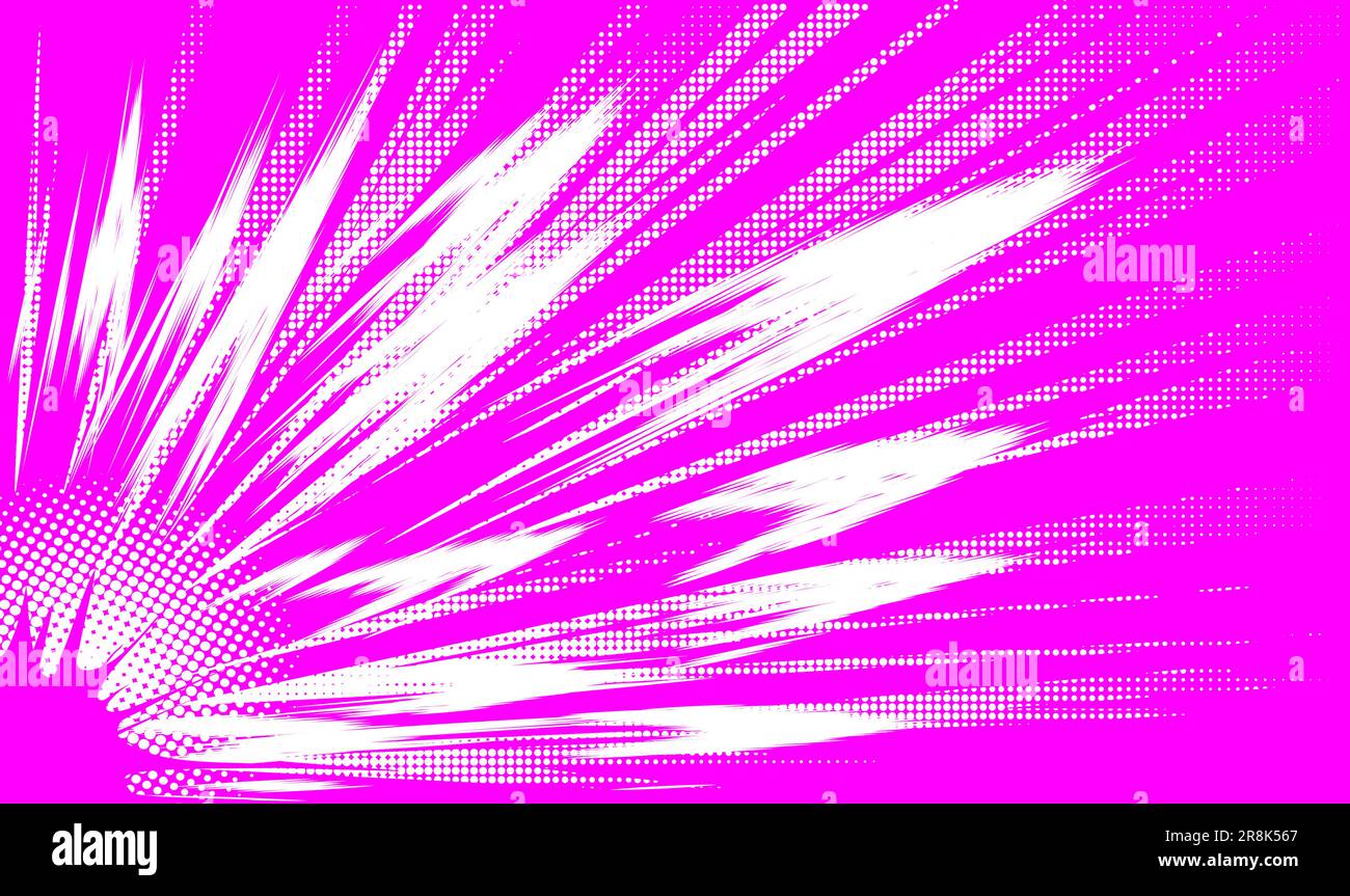 Esplosione e linee dinamiche di movimento su sfondo rosa con effetto halftone. Sfondo vettoriale in stile manga. Illustrazione Vettoriale