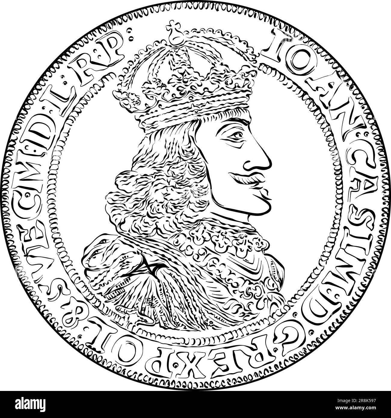 Obverse di oro doppio ducato di Giovanni II Casimir Vasa, denaro polacco. Bianco e nero Illustrazione Vettoriale