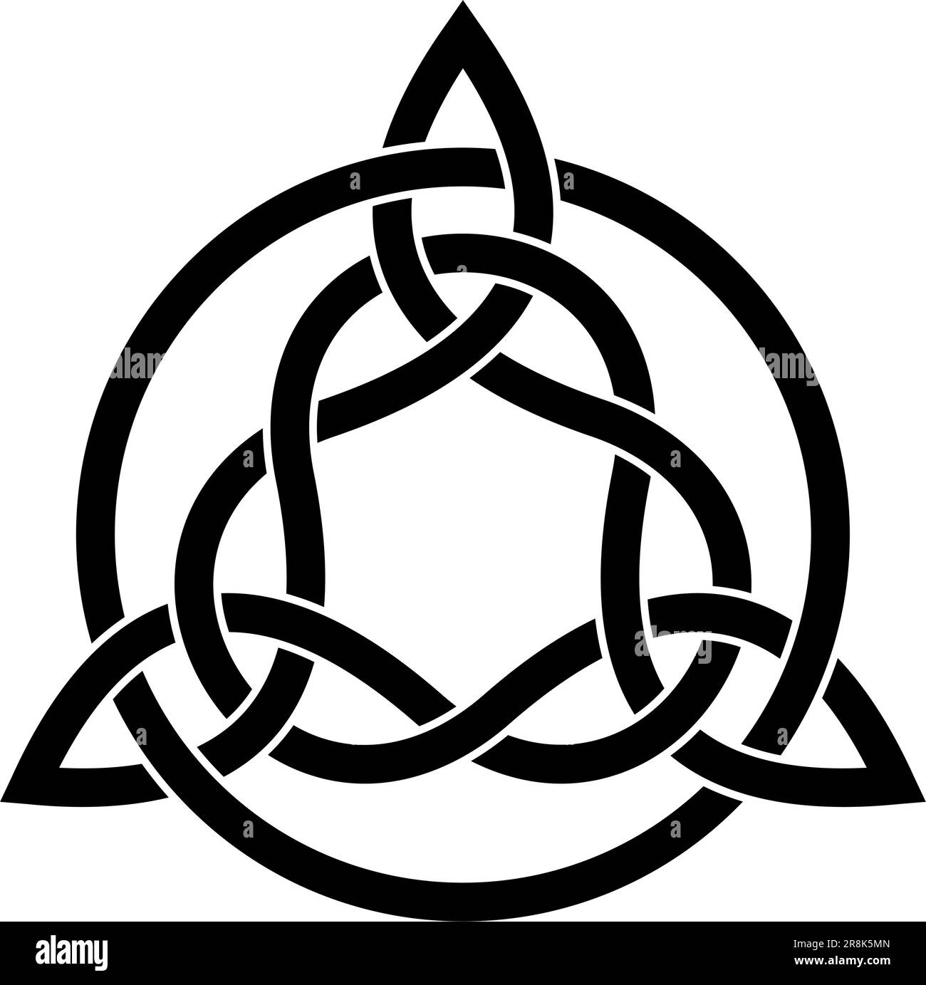 Nodo Trinity in nero. Simbolo celtico noto anche come Triquetra. La Triqueta simboleggia le tre aree del corpo, della psiche e dello spirito. Illustrazione Vettoriale