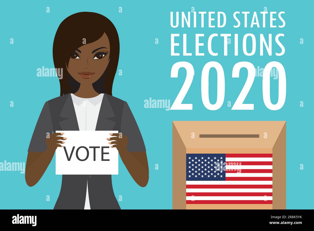 Carta holding femminile afroamericana con testo-voto. Cartoon box con bandiera usa e iscrizione - elezioni usa 2020. Presidenziale e Illustrazione Vettoriale
