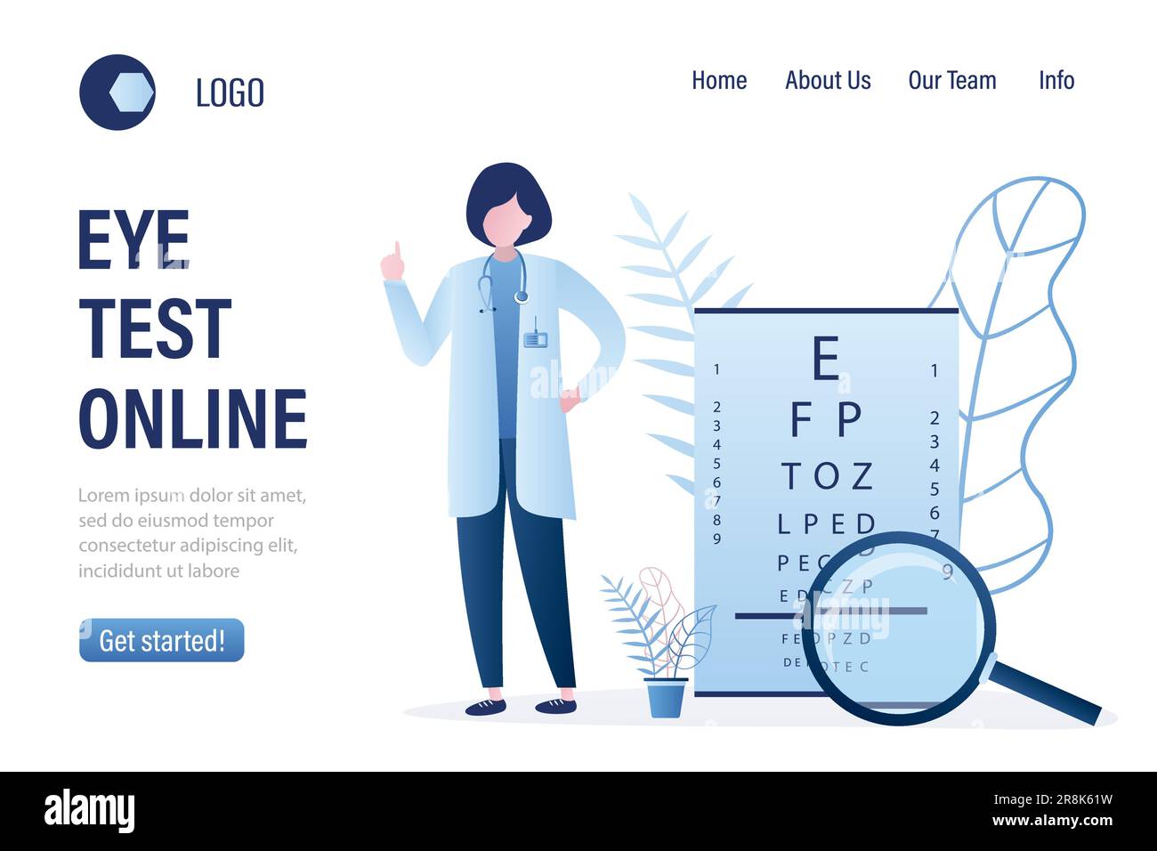 Modello di landing page di diagnostica oftalmologica e test oculistico grafico dei test oculistici. Test visivo. Esame ottico. Sospiro sano. Concetto di assistenza medica. ocu femmina Illustrazione Vettoriale
