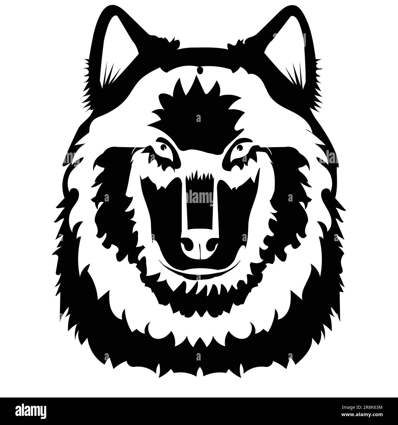 Illustrazione in bianco e nero di una testa di lupo; testa di animale monocromatica, disegno tribale Illustrazione Vettoriale