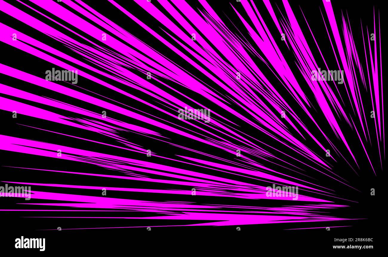 Linee di movimento dinamiche viola su sfondo nero dal basso verso l'alto diagonalmente. Sfondo vettoriale in stile manga. Illustrazione Vettoriale
