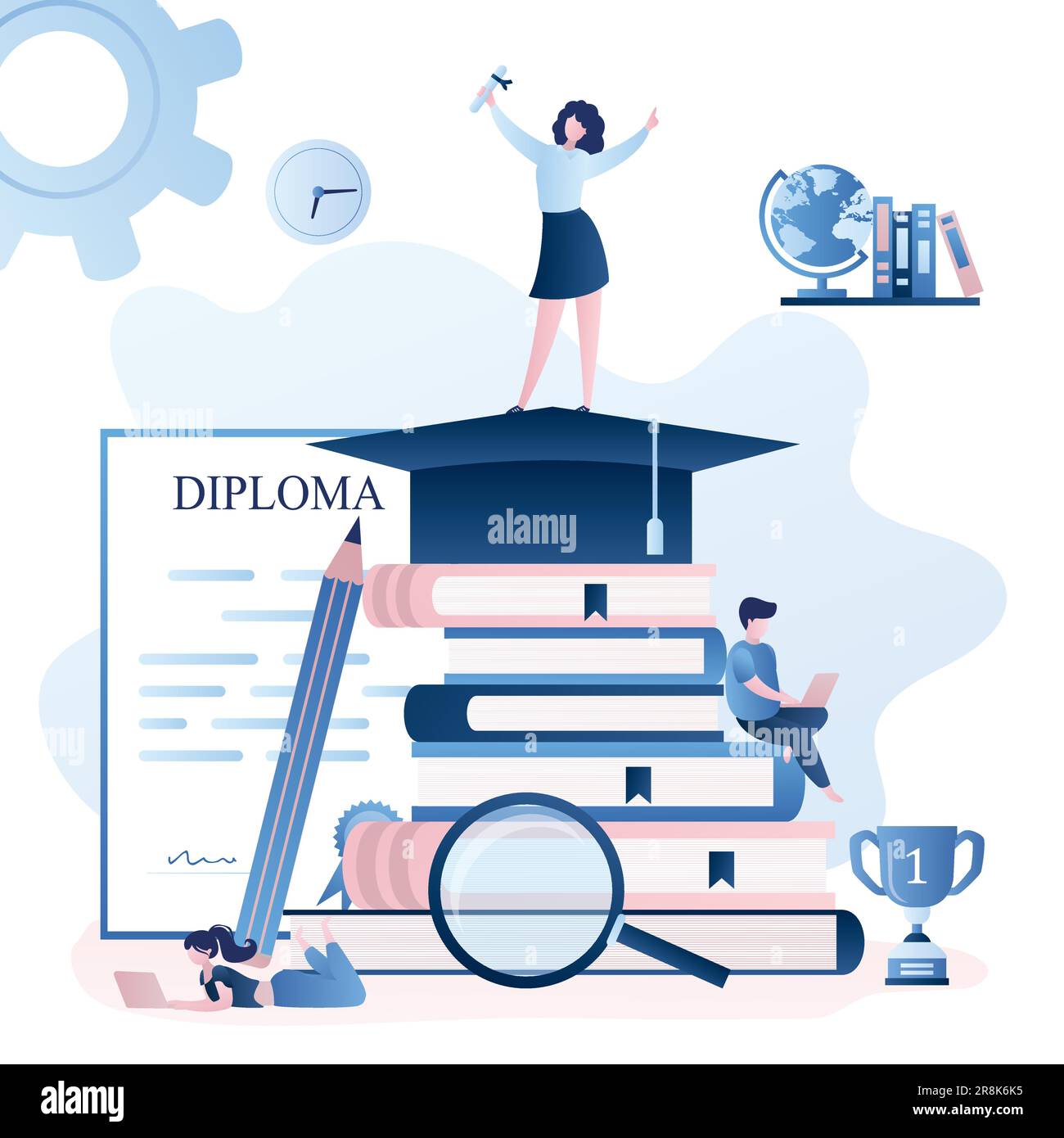 Concetto di processo di istruzione background.pile di libri, diplomi e studenti con computer portatili. Felice ragazza laureata in piedi sul cappello grande del laureato. Tre Illustrazione Vettoriale