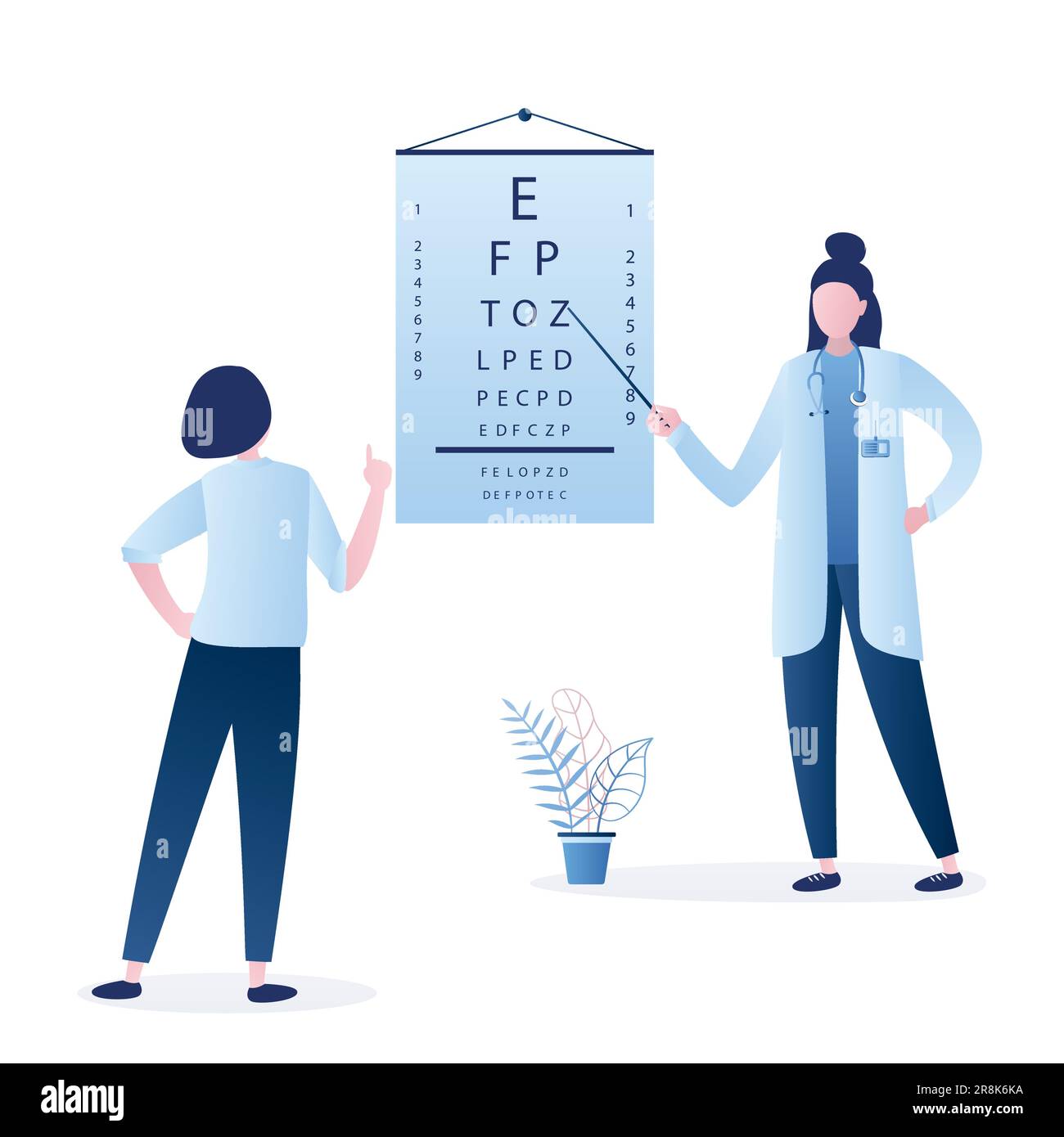 L'optometrista del medico controlla la visione in un paziente di sesso maschile. Tabella dei test oculari. Test visivo. Esame ottico. Sospiro sano. Concetto di assistenza medica. Oftalmologo femminile Illustrazione Vettoriale