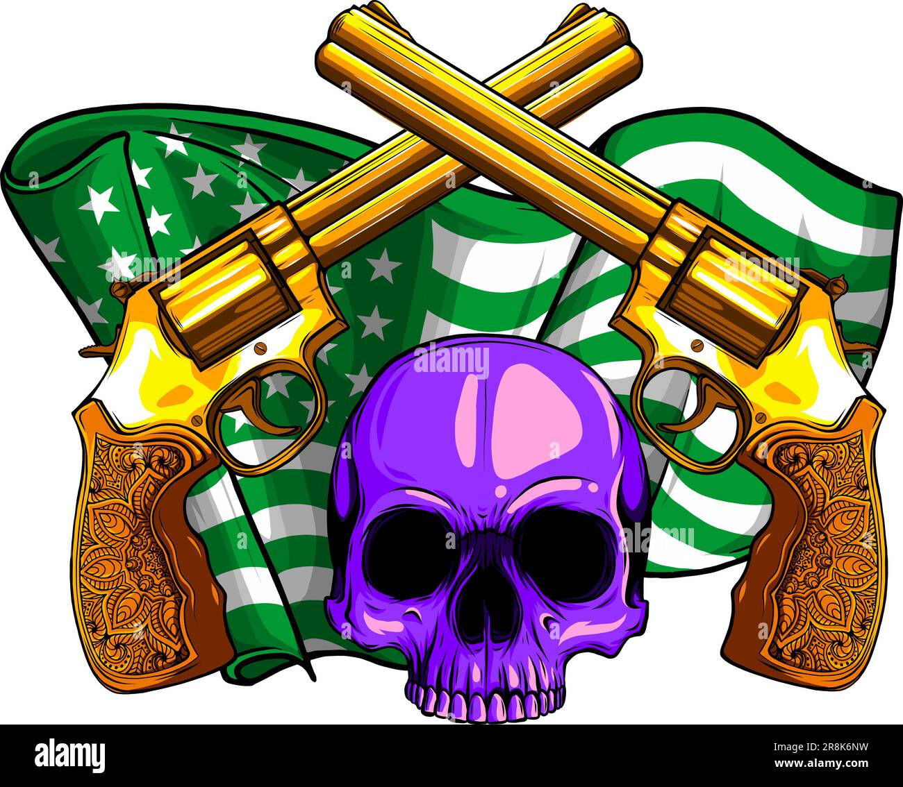 Cranio sorridente con rivoltelle con bandiera americana Illustrazione Vettoriale
