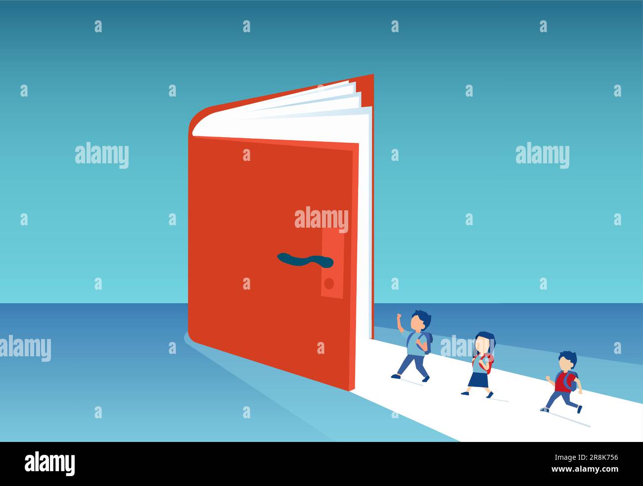 Vettore di un gruppo di bambini, studenti che entrano in una porta sotto forma di libro Illustrazione Vettoriale