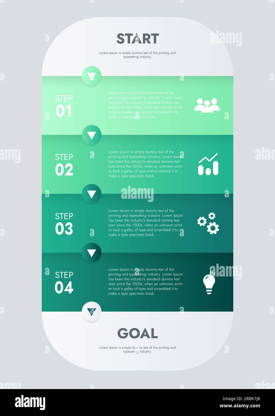 Modello aziendale per la presentazione. Visualizzazione infografica dei dati aziendali. Grafico del processo con elementi di grafico, diagramma, fasi, opzioni, processo. V Foto Stock