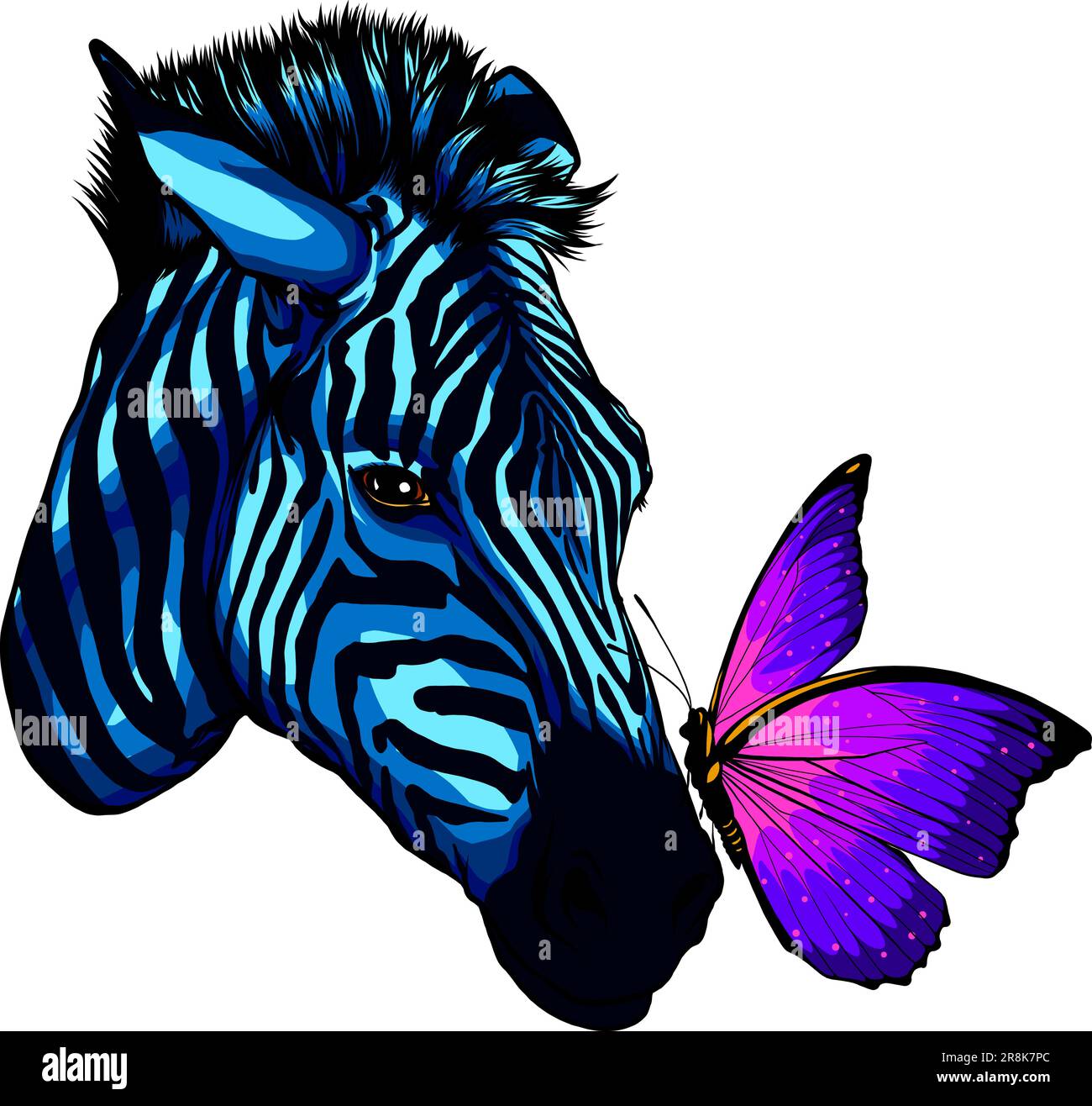 farfalla colorata sulla testa zebra disegno vettoriale su sfondo bianco. Illustrazione Vettoriale