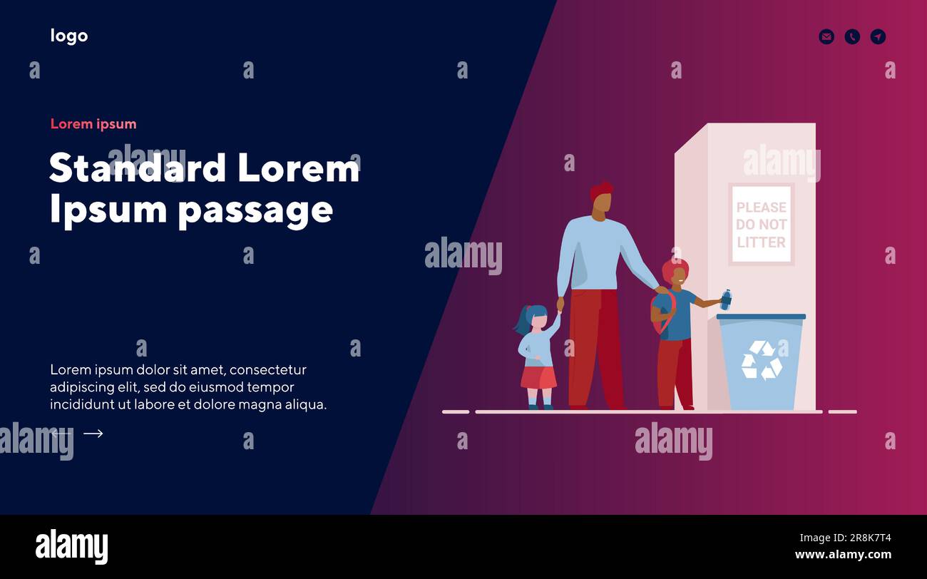 Papà con i bambini che gettano la lettiera nel cestino Illustrazione Vettoriale