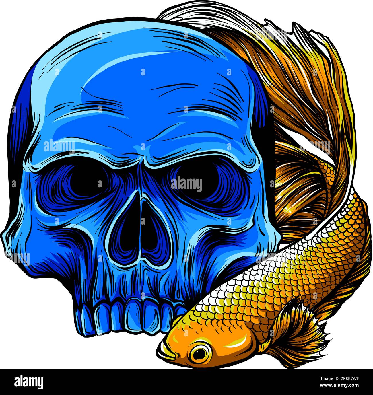 cranio umano con illustrazione vettoriale di betta fish su sfondo bianco Illustrazione Vettoriale
