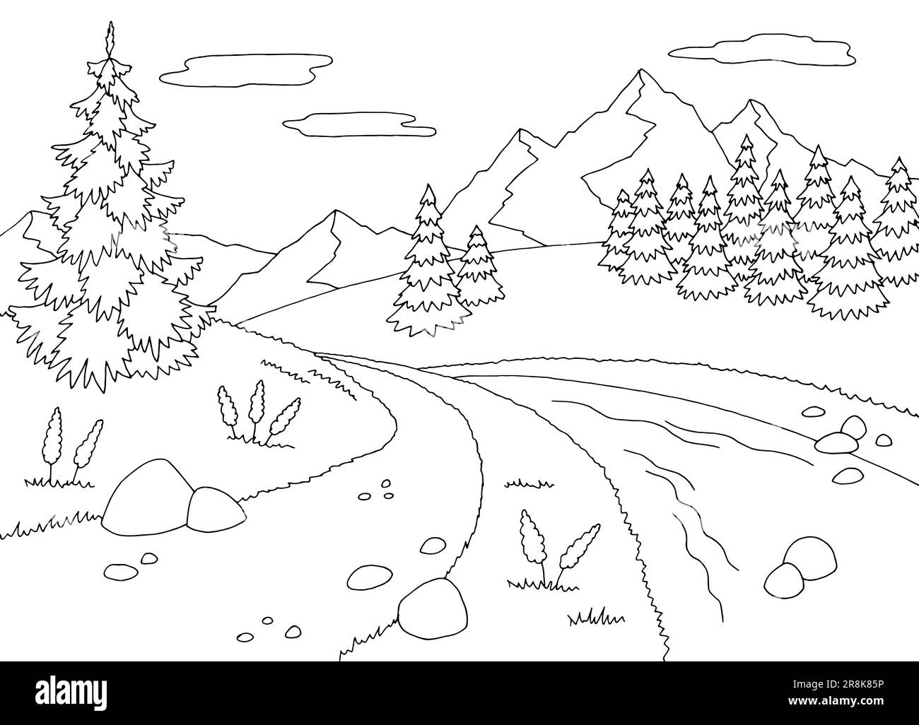 Percorso lungo un ruscello in montagna grafico paesaggio bianco e nero illustrazione vectorv Illustrazione Vettoriale