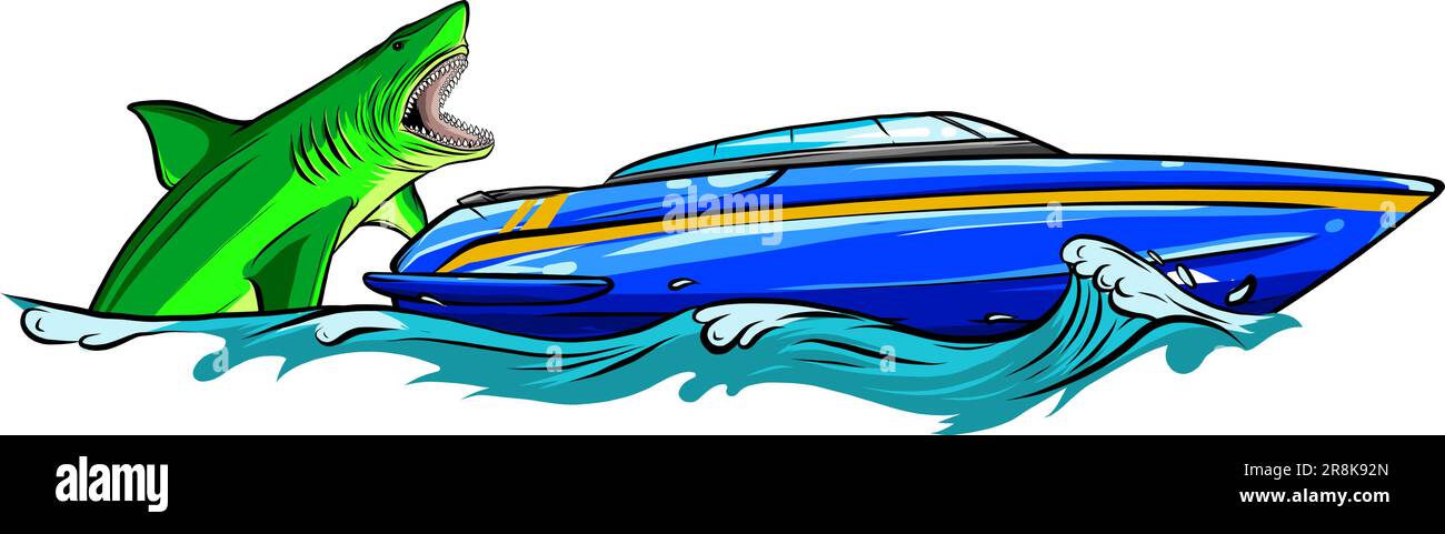 Hungry Shark attacco nave yacht dall'acqua dell'oceano. Illustrazione Vettoriale