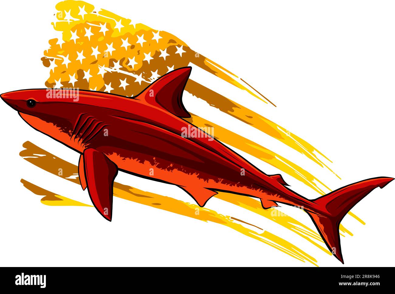 Bandiera USA su silhouette vettoriale Shark isolata su bianco. Illustrazione Vettoriale
