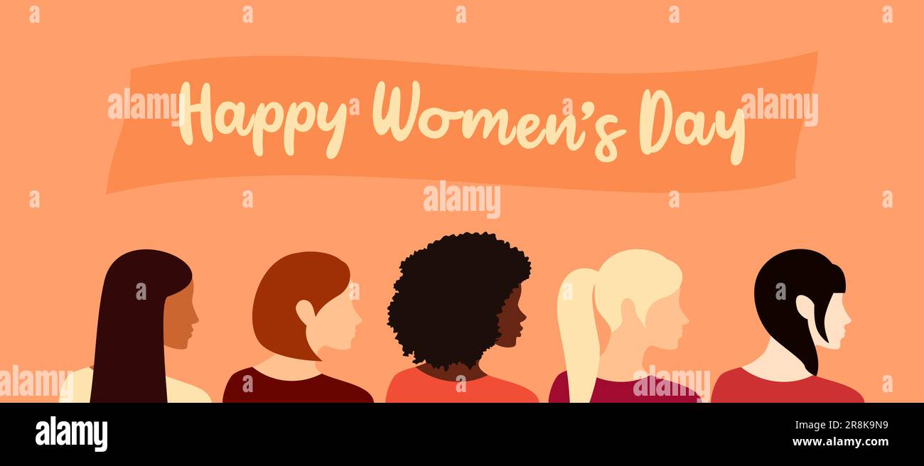Vista laterale di cinque donne di diverse nazionalità che si riuniscono. Banner di saluto per la Giornata internazionale della donna. Illustrazione del vettore piatto Illustrazione Vettoriale