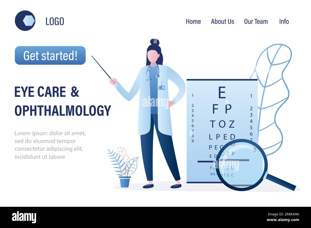 Modello di landing page di diagnostica oftalmologica e test oculistico grafico dei test oculistici. Test visivo. Esame ottico. Sospiro sano. Concetto di assistenza medica. ocu femmina Illustrazione Vettoriale