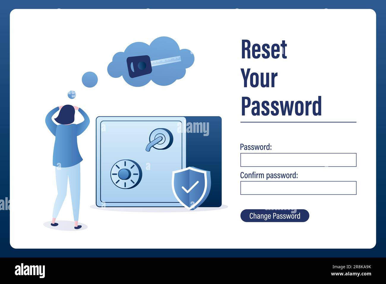 Cassaforte con porta chiusa. Reimpostare la pagina di destinazione della password. Vista posteriore del personaggio femminile con bolla vocale. Modello di pagina Web di sicurezza, vettore di stile trendy Illustrazione Vettoriale