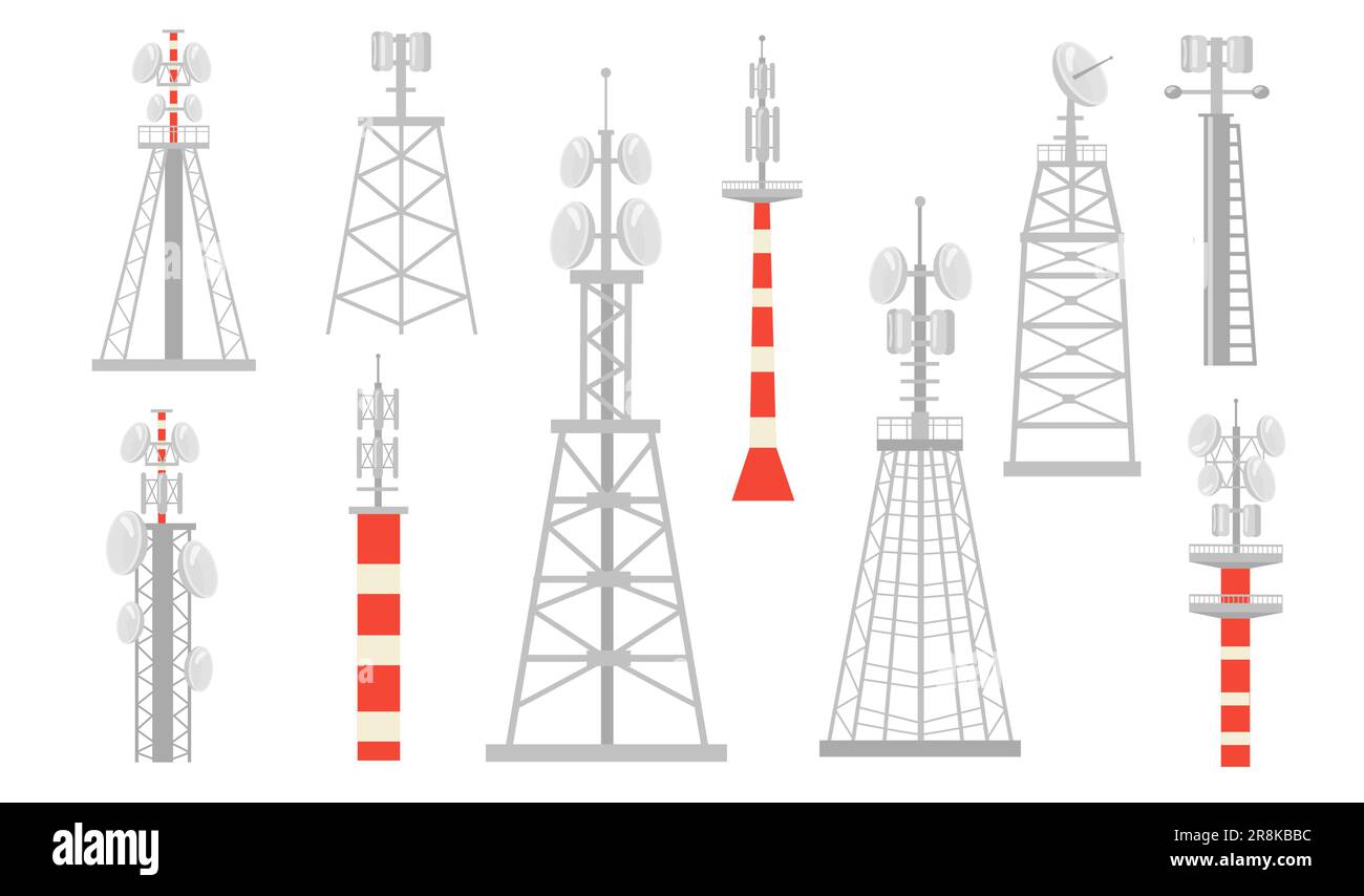 Set di icone piatte di vari ripetitori radio Illustrazione Vettoriale