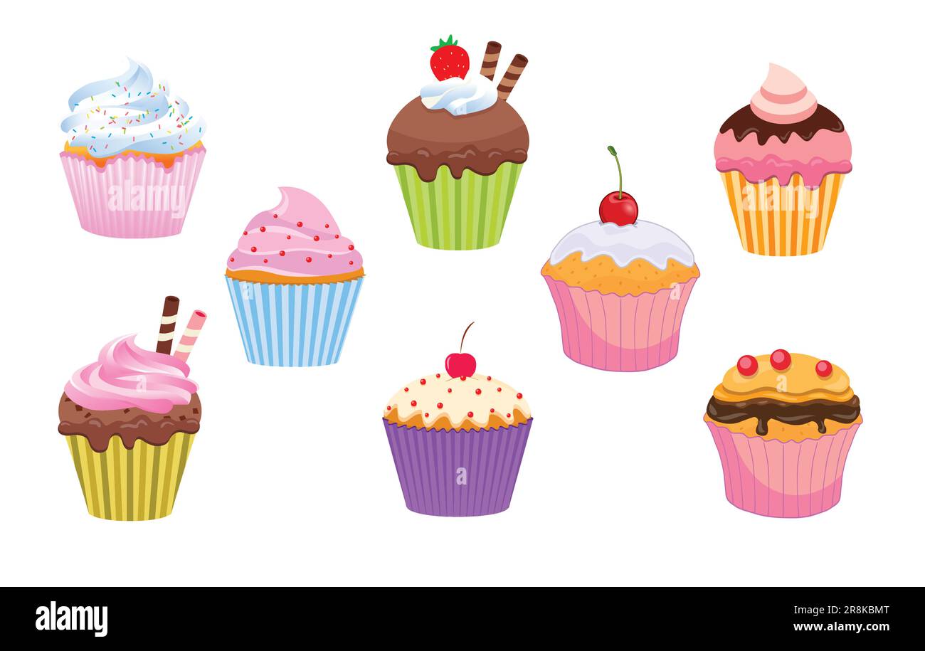 vari classici cartoni animati cupcake con ciliegia grande set dolce vettore isolato su sfondo bianco Illustrazione Vettoriale