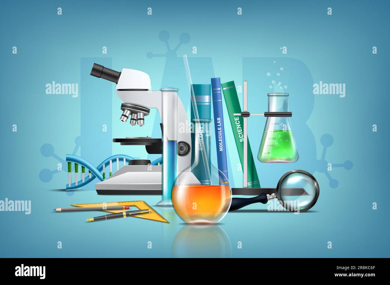 illustrazione vettoriale realistica. Biotecnologie molecolari in vetreria da laboratorio, provette e becher, microscopio. Biologia e medicina. Illustrazione Vettoriale