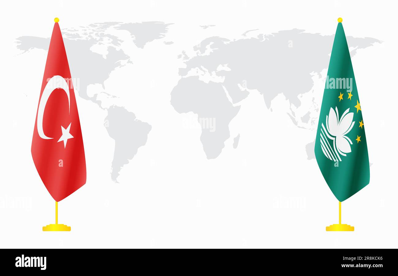 Bandiere di Turchia e Macao per l'incontro ufficiale sullo sfondo della mappa mondiale. Illustrazione Vettoriale