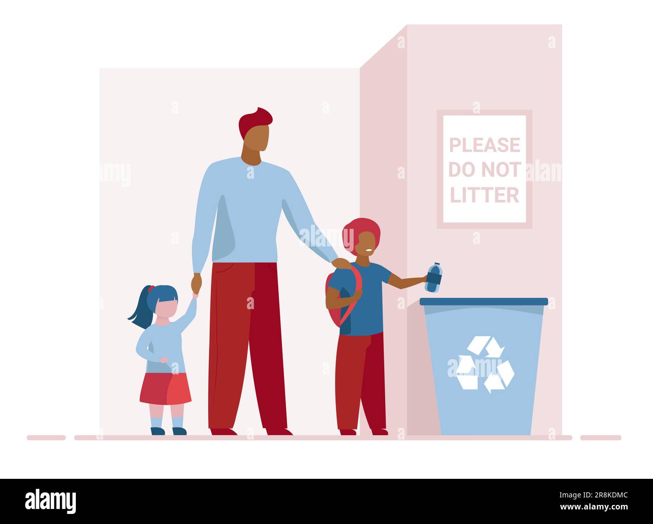 Papà con i bambini che gettano la lettiera nel cestino Illustrazione Vettoriale