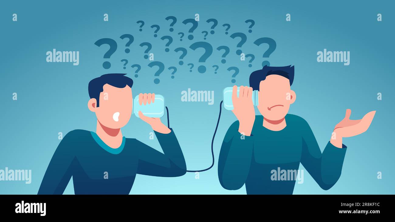 Vettore di due uomini perplessi che osservano che hanno disturbato la comunicazione e domande multiple Illustrazione Vettoriale
