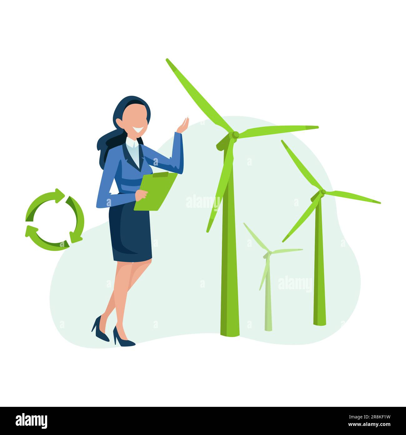 Vettore di una donna d'affari che offre soluzioni di energia verde mulini a vento Illustrazione Vettoriale