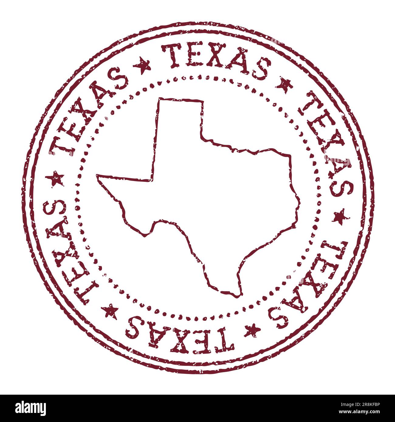 Timbro rotondo in Texas con la mappa dello stato degli Stati Uniti. Timbro per passaporto rosso vintage con testo circolare e stelle, illustrazione vettoriale. Illustrazione Vettoriale
