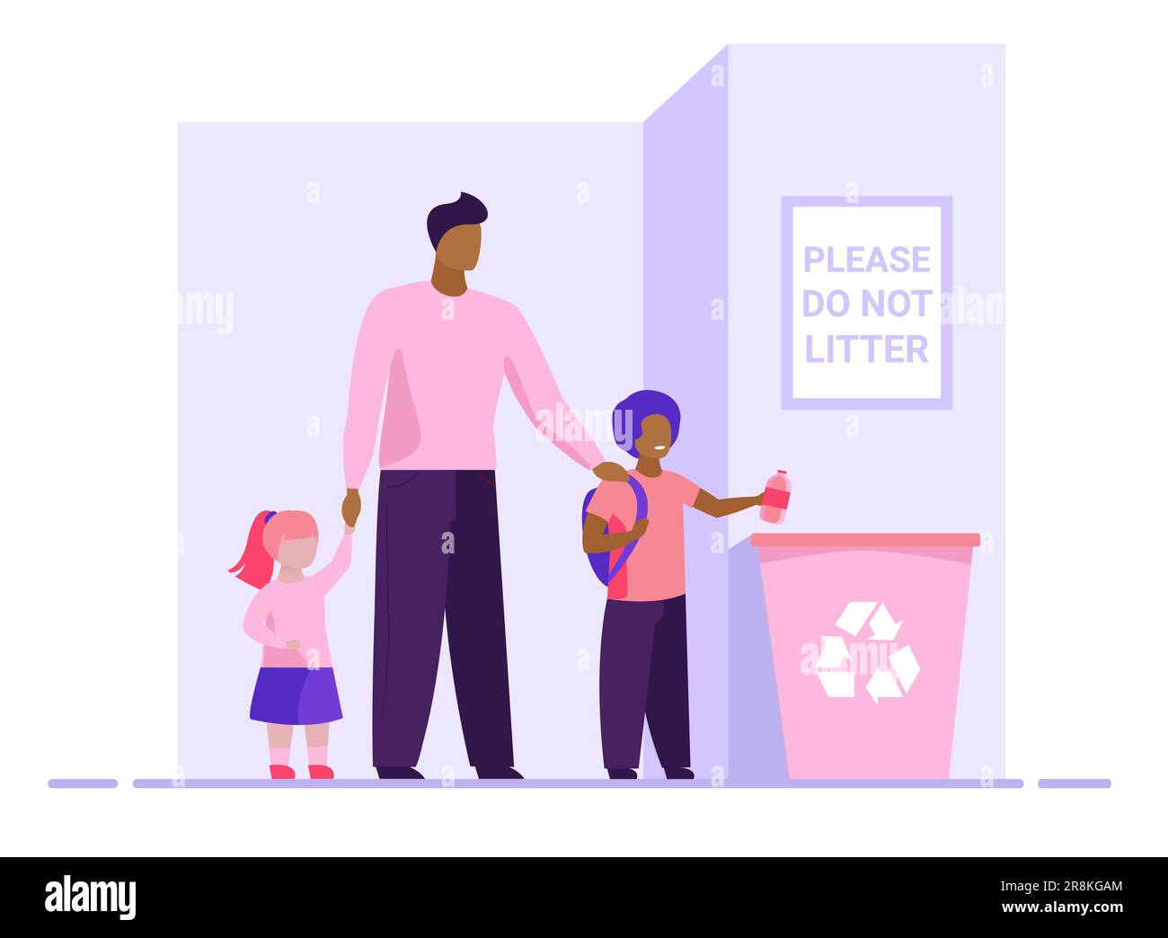 Papà con i bambini che gettano la lettiera nel cestino Illustrazione Vettoriale