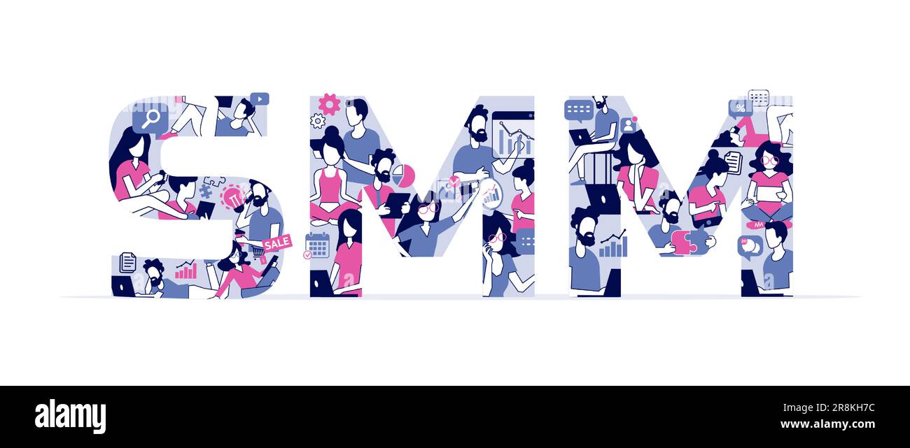 Concetto di campagna SMM e marketing digitale e banner Web. Illustrazione Vettoriale