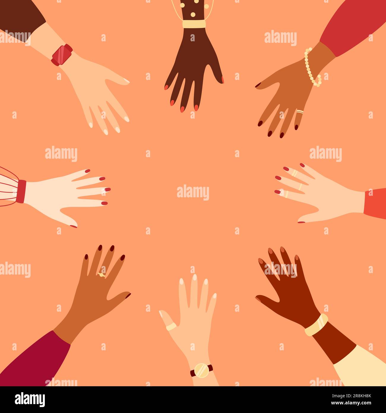 Mani allungate di donne di etnie diverse fanno un cerchio. Illustrazione vettoriale in stile piatto Illustrazione Vettoriale