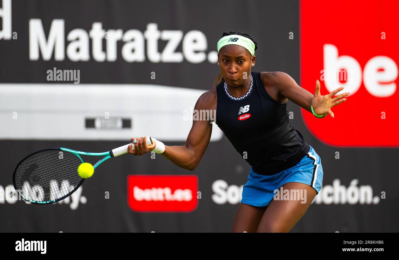 Coco Gauff degli Stati Uniti in azione durante il primo round del torneo di tennis 2023 bett1 Open, WTA 500, il 20 giugno 2023 a Berlino, Germania Foto Stock