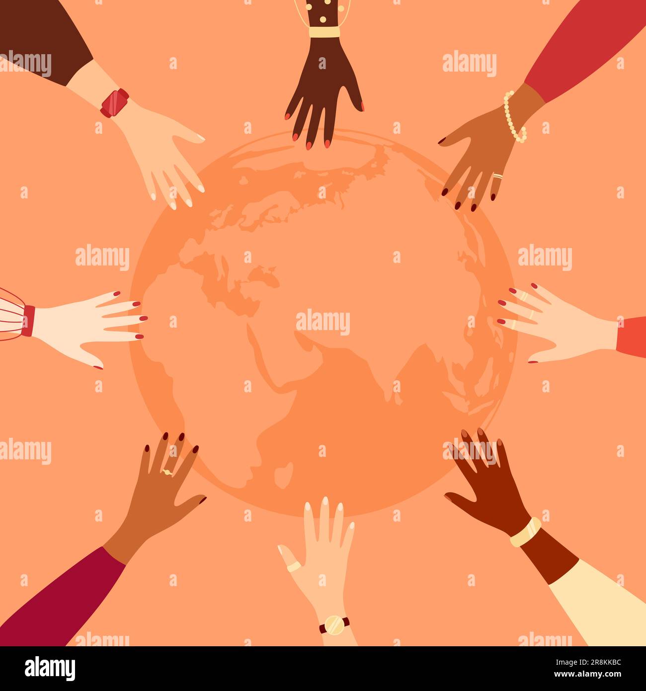 Le mani allungate di donne di diverse etnie fanno un cerchio con il globo della Terra dentro. Illustrazione vettoriale in stile piatto Illustrazione Vettoriale