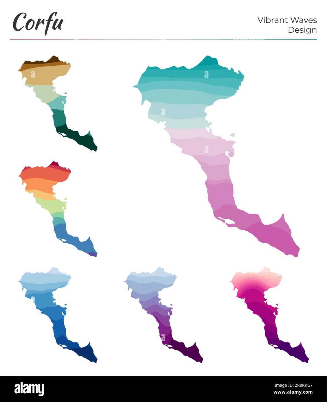 Set di mappe vettoriali di Corfù. Design a onde vibranti. Mappa luminosa dell'isola in stile geometrico con curve lisce. Mappa di Corfù multicolore per il tuo design. CAPT Illustrazione Vettoriale