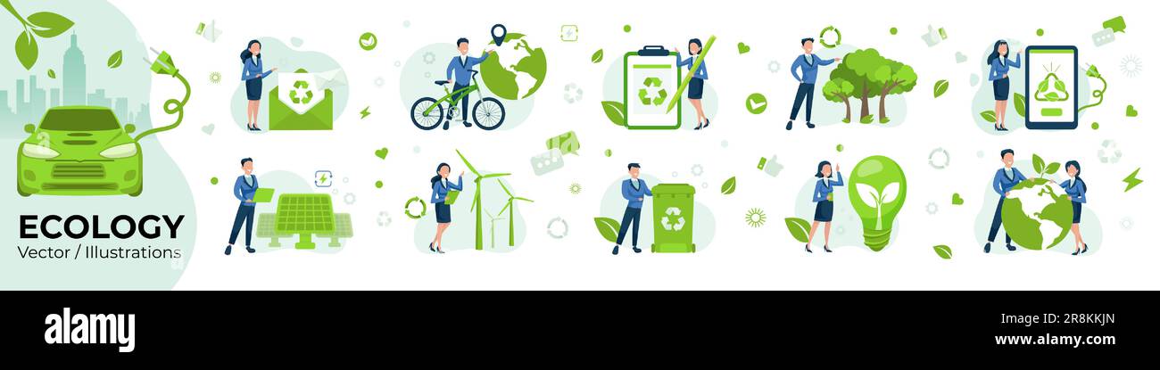 Concetto di ecologia, energia verde, trasporto elettrico e consumo sostenibile, set vettoriale Illustrazione Vettoriale