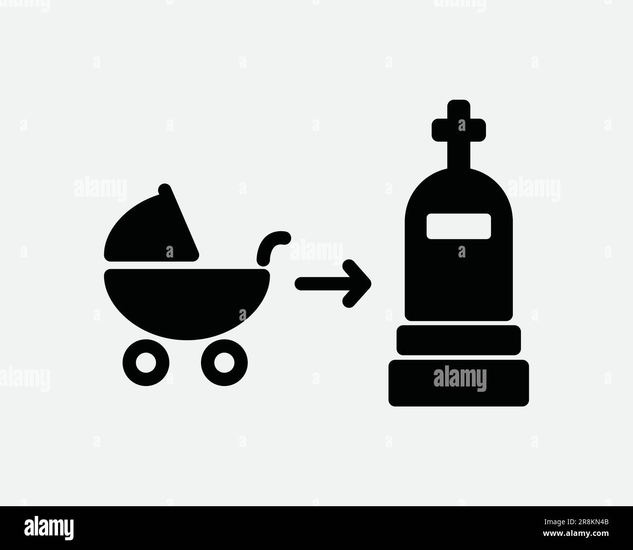 Icona nascita a morte. Born Die Carriage passeggino grave Tombstone ciclo di vita processo da giovane a vecchio. Simbolo bianco nero simbolo Clipart EPS vettore Illustrazione Vettoriale