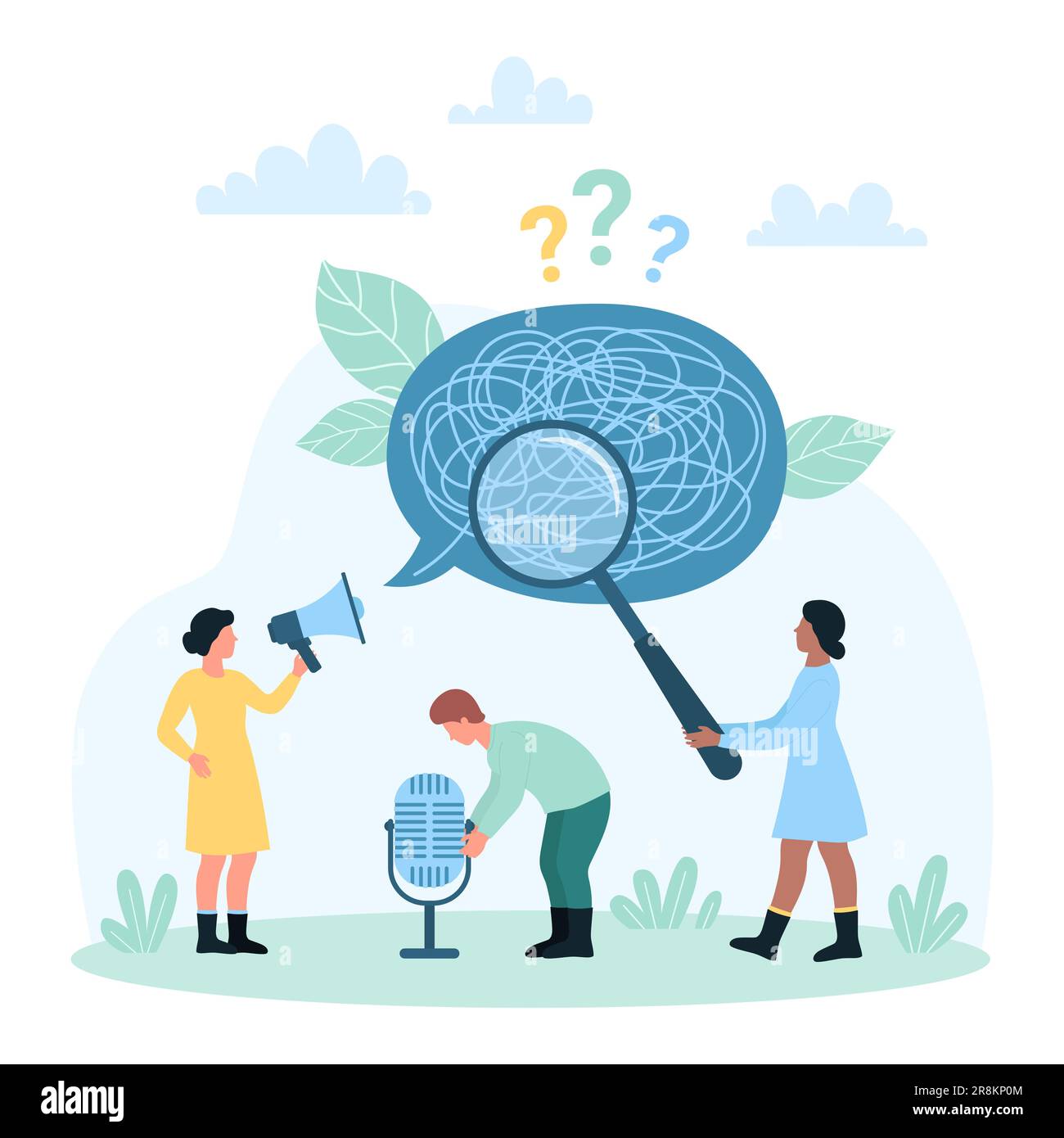 Illustrazione del vettore di comunicazione errata. Cartoon squadra di persone minuscoli con microfono, megafono e lente di ingrandimento per la ricerca e capire il caos di comunicazione errata di confusione nella bolla di conversazione chat Illustrazione Vettoriale