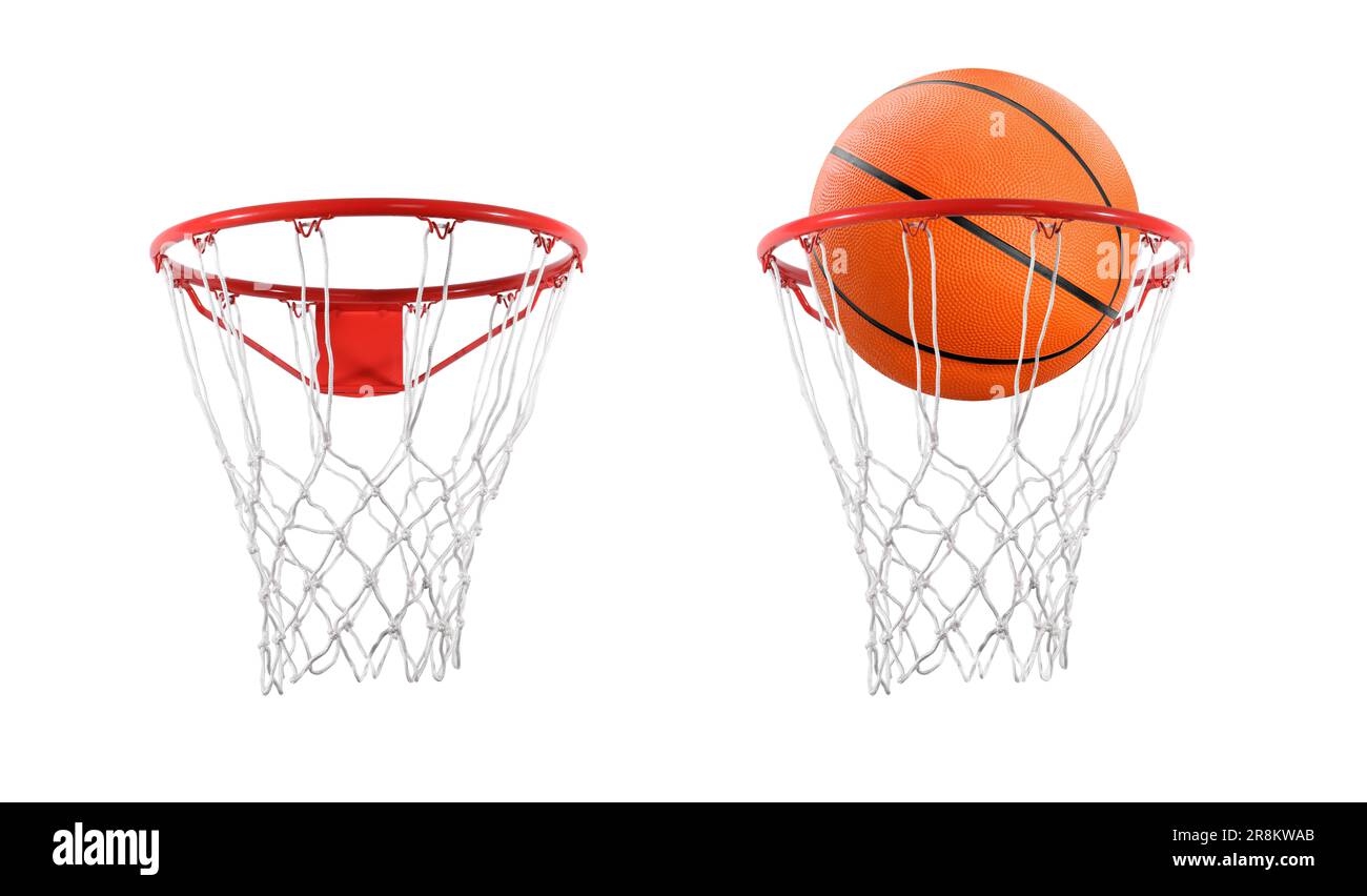 Collage di palla da basket e cerchio isolato su bianco Foto Stock