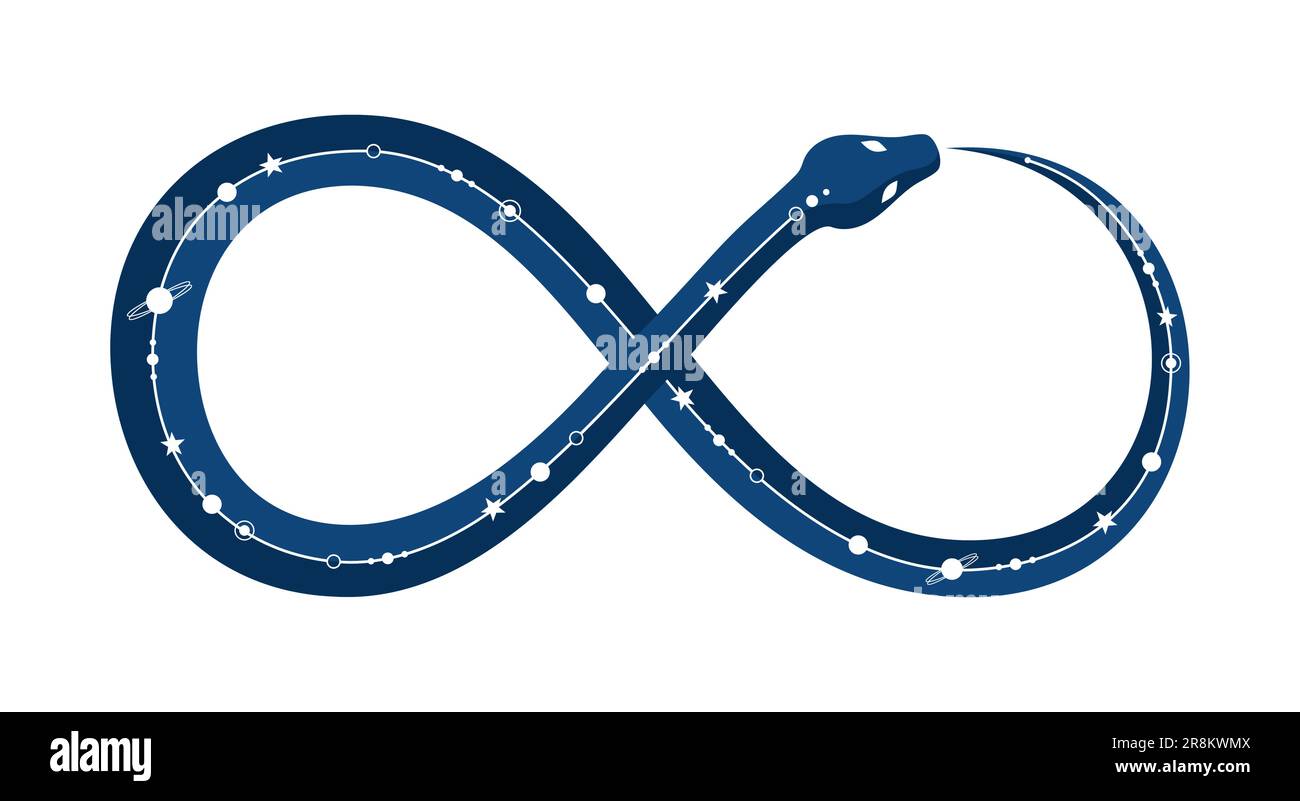 Serpente con un motivo cosmico sul retro che fa un segno infinito, isolato su uno sfondo bianco. Ouroboros, simbolo dell'infinito e della rinascita infinita. Illustrazione Vettoriale